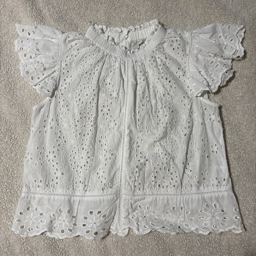 Jennifer & Grace S Flutter Sleeve Eyelet Back Button Down Ruffle Neck Blouse EUC